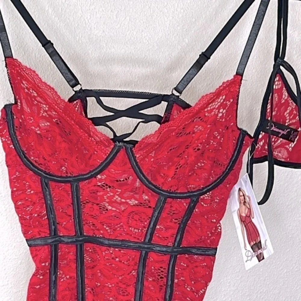 Dreamgirl Ruby Red Lace Underwire Bustier Corset Chemise Garter Strap Size Small